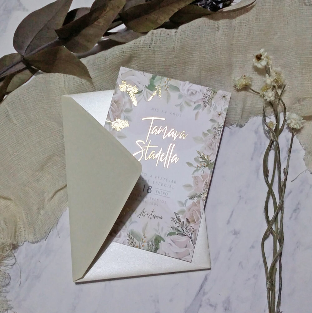 Invitación Rosas impresas y Stamping