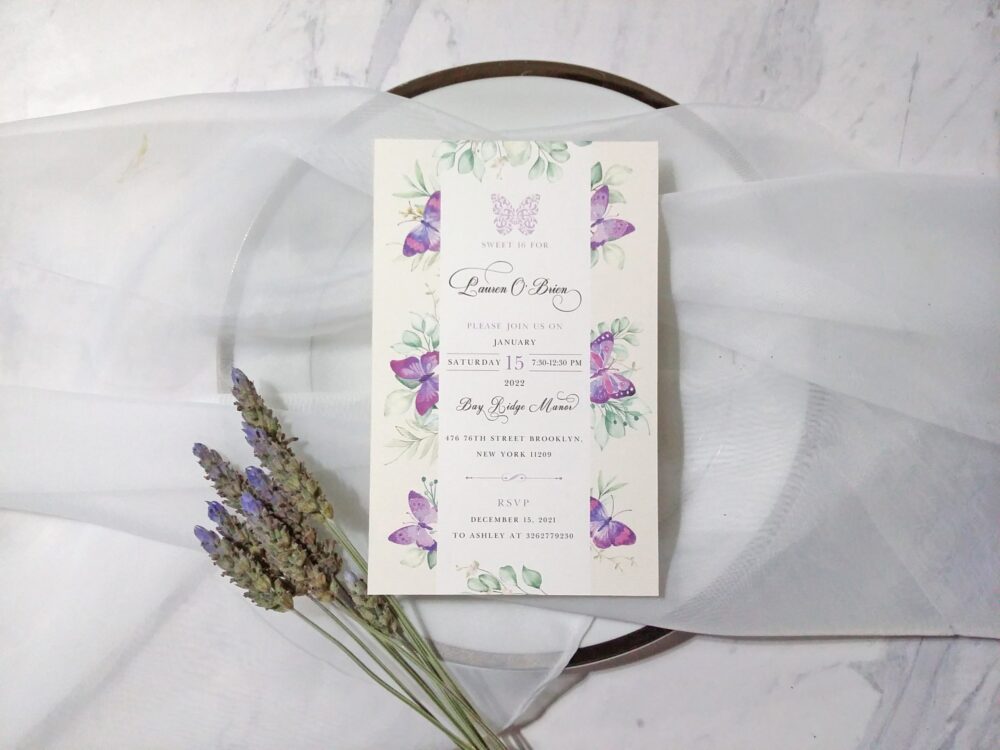 Tarjeta Láser 46 - Vestido Quinceañera Mariposas Lila - Imagen 3