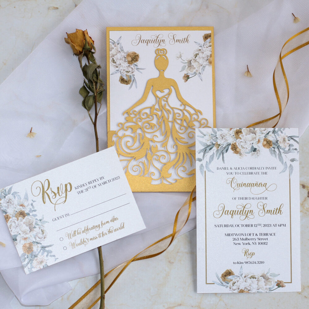 Tarjeta Láser 46 - Vestido Quinceañera Flores Doradas
