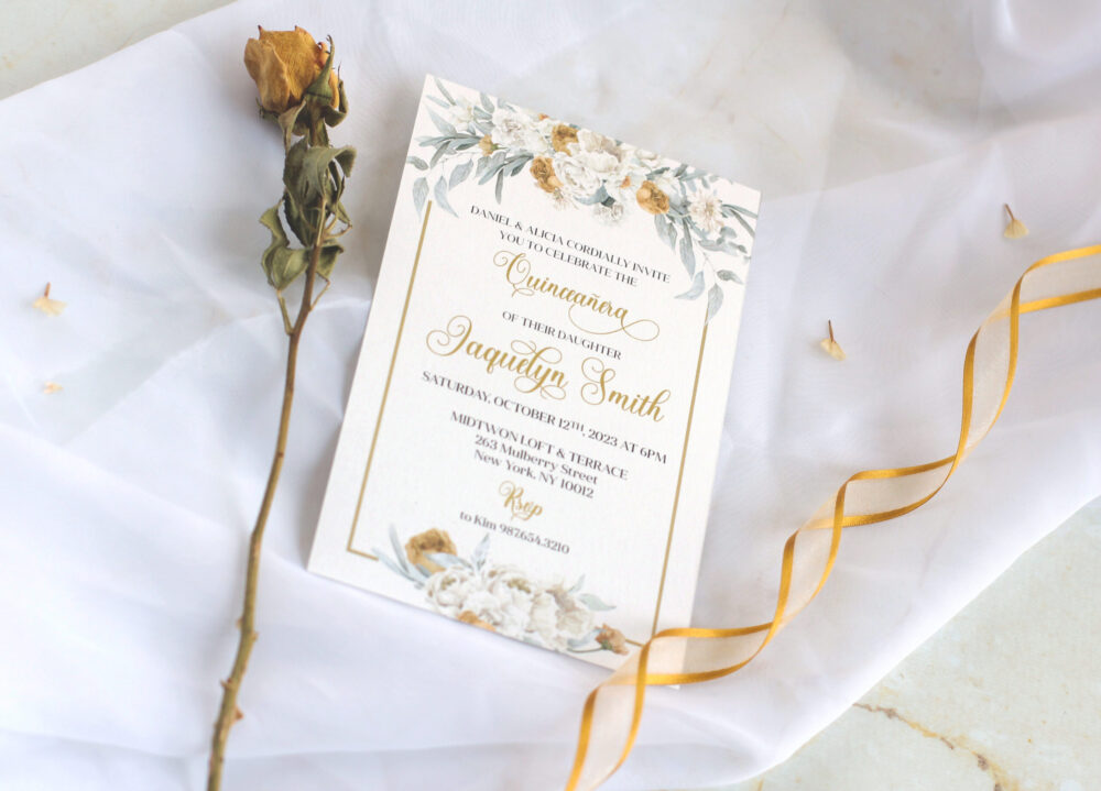 Tarjeta Láser 46 - Vestido Quinceañera Flores Doradas - Imagen 3