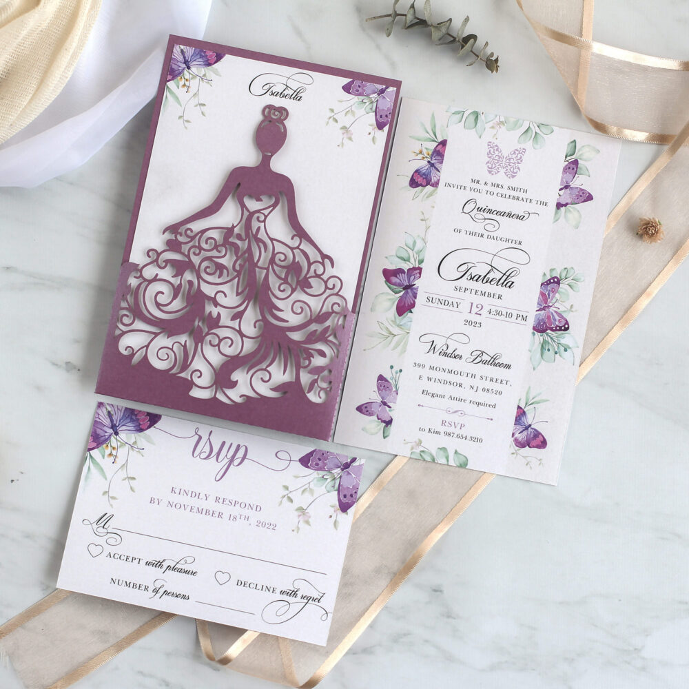 Tarjeta Láser 46 - Vestido Quinceañera Mariposas Violeta