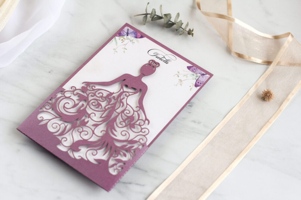 Tarjeta Láser 46 - Vestido Quinceañera Mariposas Violeta - Imagen 3