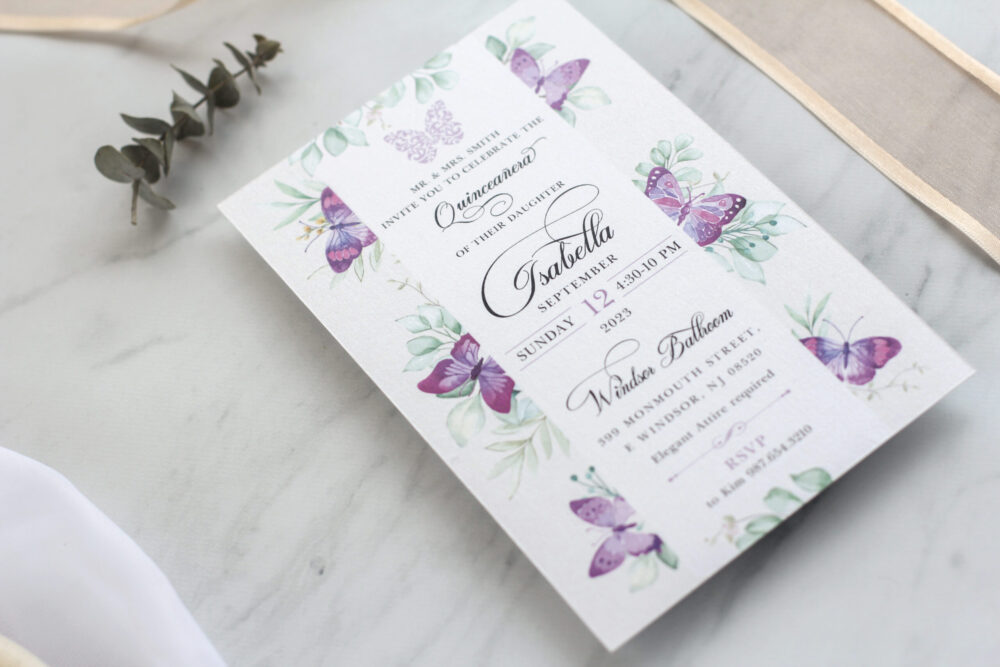 Tarjeta Láser 46 - Vestido Quinceañera Mariposas Violeta - Imagen 2
