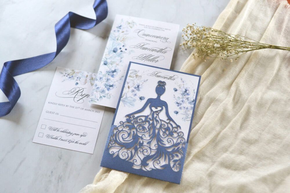 Tarjeta Láser 46 - Vestido Quinceañera Flores Azules - Imagen 5
