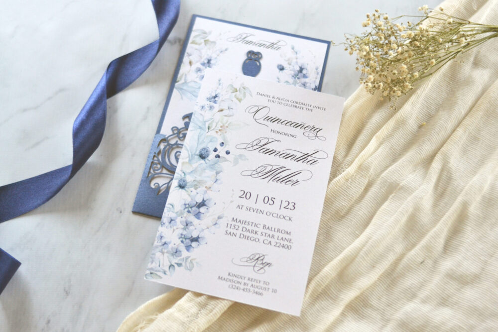 Tarjeta Láser 46 - Vestido Quinceañera Flores Azules - Imagen 4