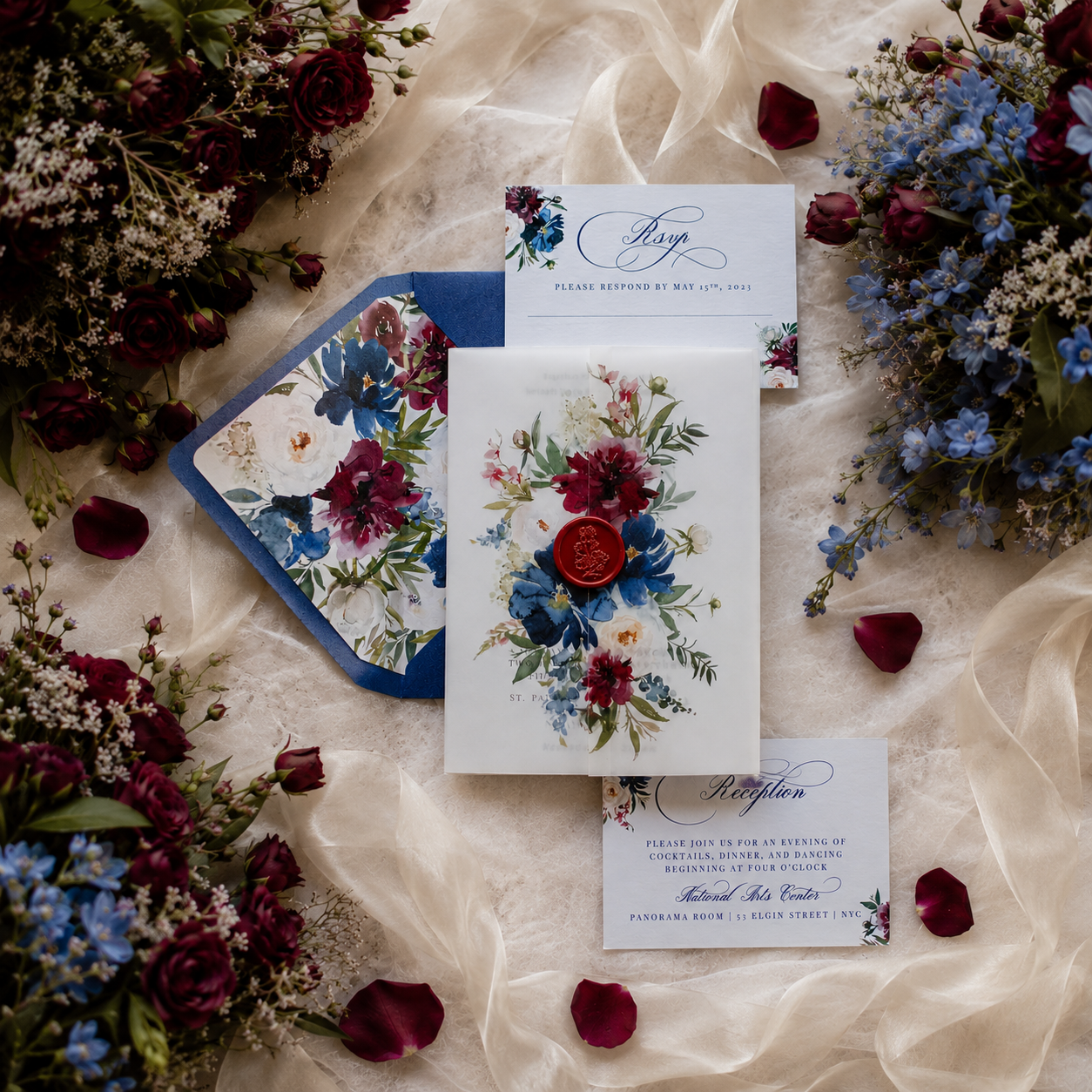 Flores Bordó y Azules
